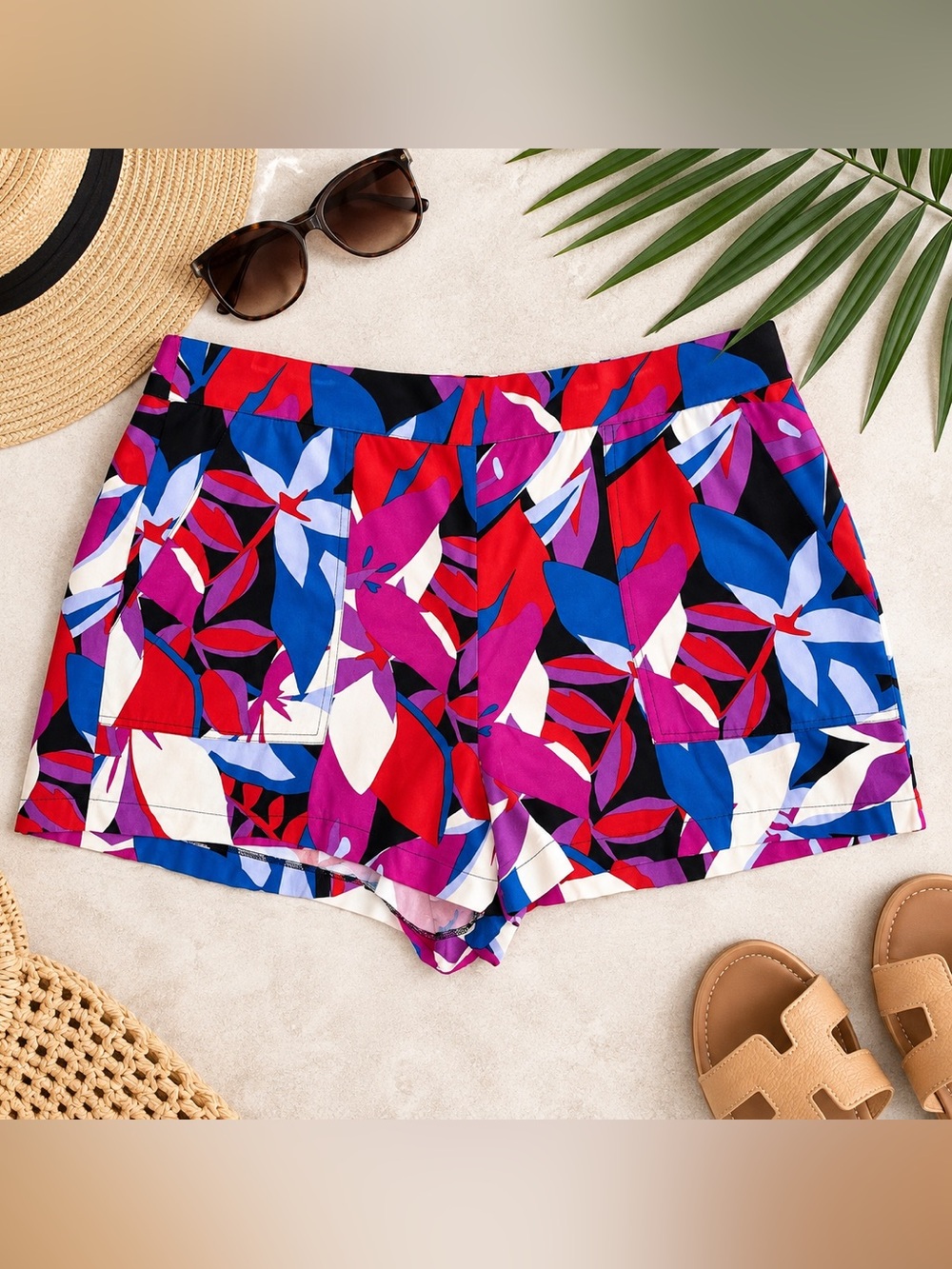 Nine West Tropical Floral Pull On Shorts XL Pink Blue Resort Vacation